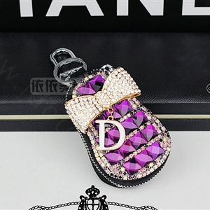Pretty Universal Crystal Bowknot Genuine Leather Auto Key Bags Key Chain - Purple