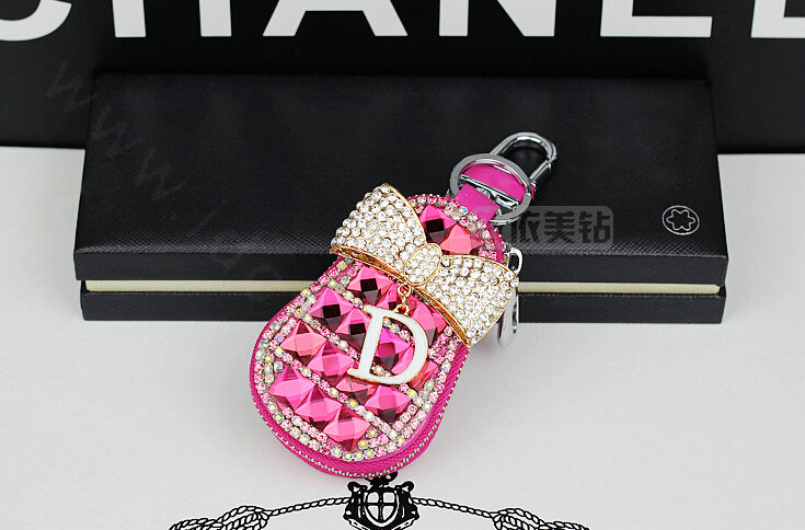 Pretty Universal Crystal Bowknot Genuine Leather Auto Key Bags Key Chain - Rose