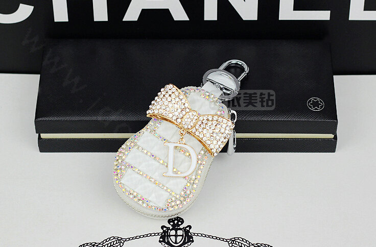 Pretty Universal Crystal Bowknot Genuine Leather Auto Key Bags Key Chain - White