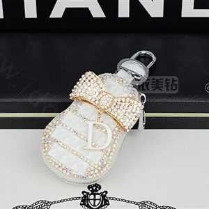 Pretty Universal Crystal Bowknot Genuine Leather Auto Key Bags Key Chain - White