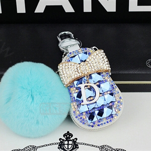 Pretty Universal Crystal Genuine Leather Auto Key Bags Fur Ball Key Chain - Blue