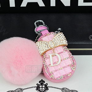 Pretty Universal Crystal Genuine Leather Auto Key Bags Fur Ball Key Chain - Pink