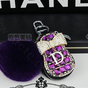 Pretty Universal Crystal Genuine Leather Auto Key Bags Fur Ball Key Chain - Purple