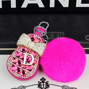 Pretty Universal Crystal Genuine Leather Auto Key Bags Fur Ball Key Chain - Rose