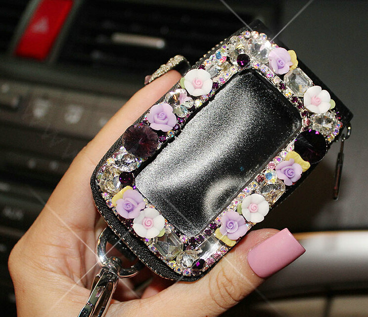 Pretty Universal Crystal Skylight Genuine Leather Auto Key Bags - Black