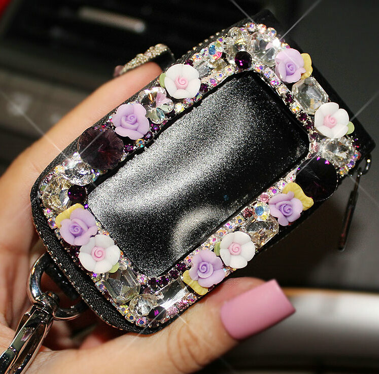 Pretty Universal Crystal Skylight Genuine Leather Auto Key Bags - Black
