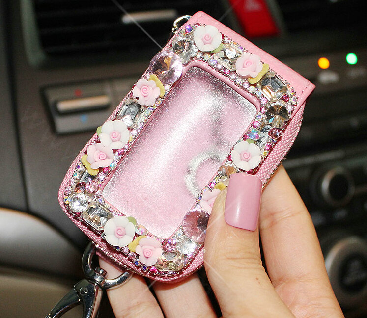 Pretty Universal Crystal Skylight Genuine Leather Auto Key Bags - Pink