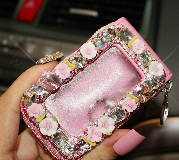 Pretty Universal Crystal Skylight Genuine Leather Auto Key Bags - Pink