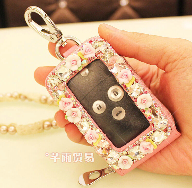 Pretty Universal Crystal Skylight Genuine Leather Auto Key Bags - Pink