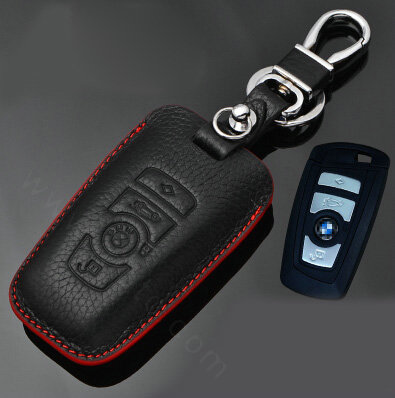 Simple Genuine Leather Auto Key Bags Smart for BMW 116i - Black Red