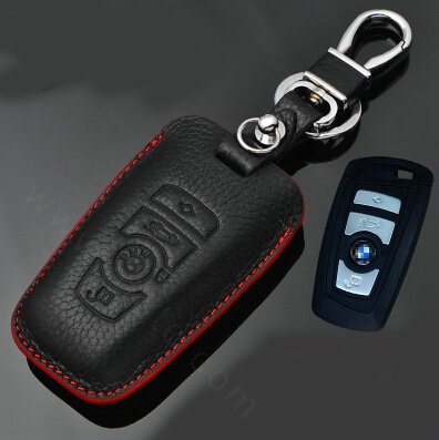 Simple Genuine Leather Auto Key Bags Smart for BMW 320i - Black Red