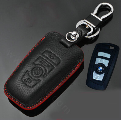 Simple Genuine Leather Auto Key Bags Smart for BMW 520i - Black Red