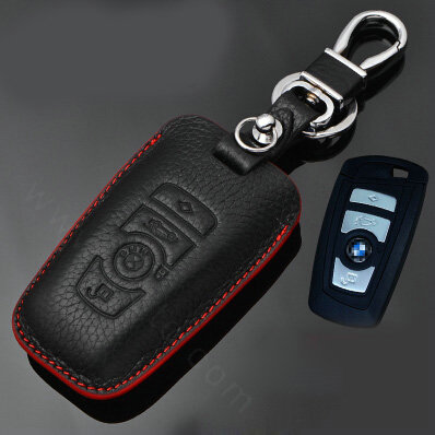 Simple Genuine Leather Auto Key Bags Smart for BMW 740Li - Black Red