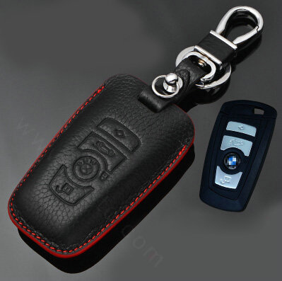 Simple Genuine Leather Auto Key Bags Smart for BMW 750Li - Black Red