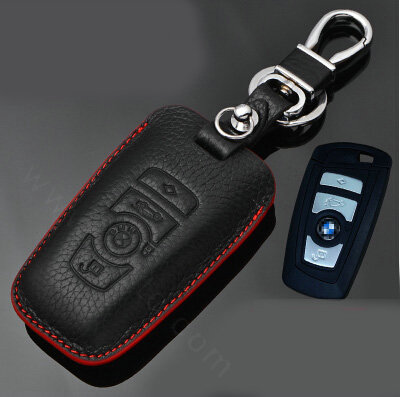 Simple Genuine Leather Auto Key Bags Smart for BMW 760Li - Black Red