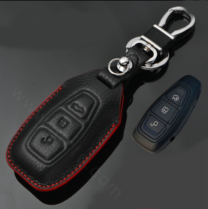 Simple Genuine Leather Auto Key Bags Smart for Ford Ecosport - Black Red