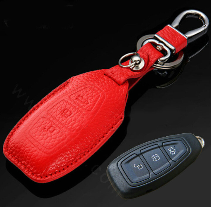 Simple Genuine Leather Auto Key Bags Smart for Ford Maverick - Red
