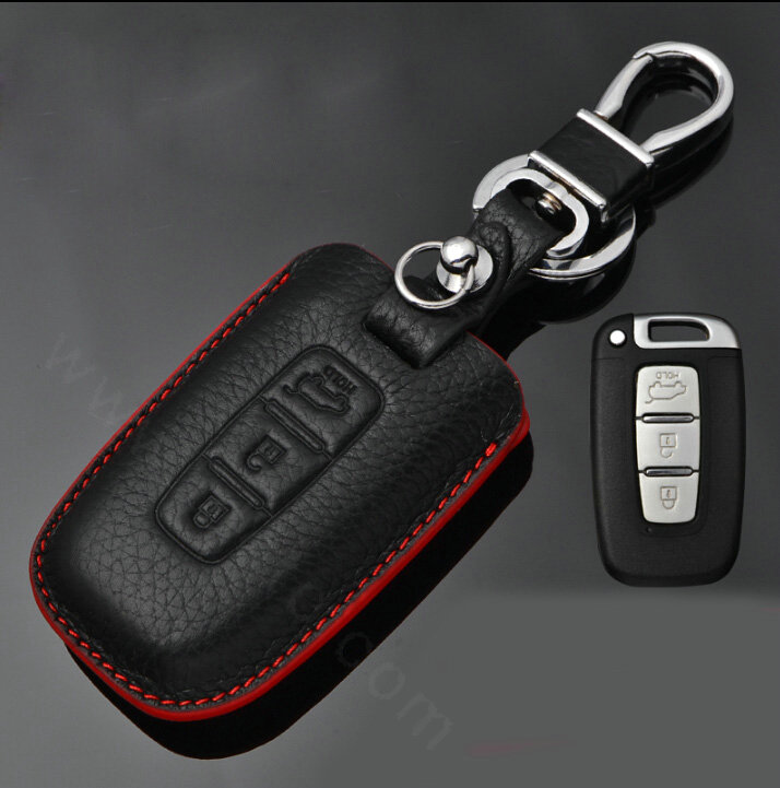 Simple Genuine Leather Auto Key Bags Smart for Hyundai Elantra - Black Red