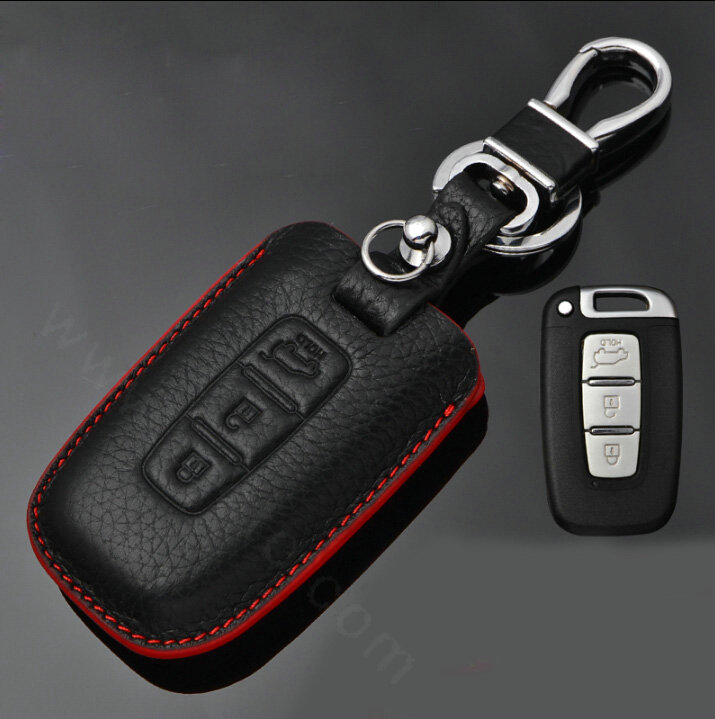 Simple Genuine Leather Auto Key Bags Smart for Hyundai Sonata - Black Red