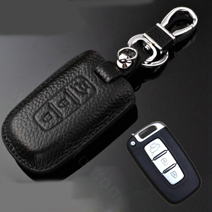 Simple Genuine Leather Auto Key Bags Smart for Hyundai ix35 - Black