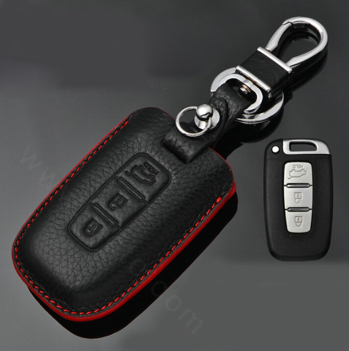 Simple Genuine Leather Auto Key Bags Smart for KIA Forte - Black Red