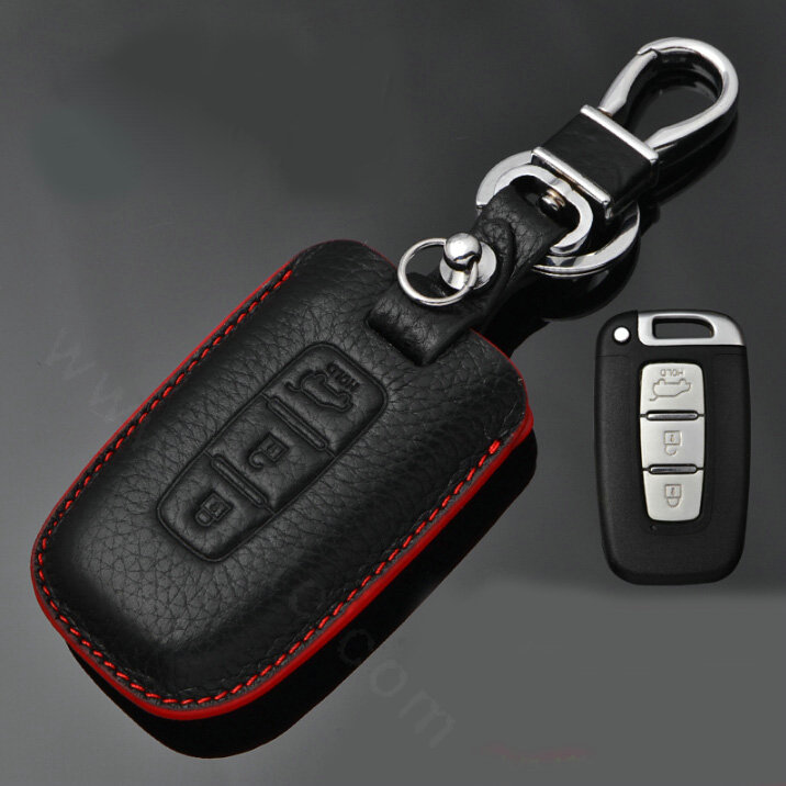 Simple Genuine Leather Auto Key Bags Smart for KIA Sportage - Black Red