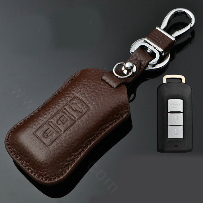 Simple Genuine Leather Auto Key Bags Smart for Mitsubishi Outlander - Brown