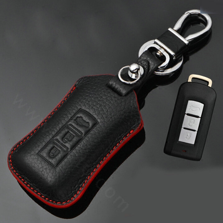 Simple Genuine Leather Auto Key Bags Smart for Mitsubishi Pajero Sport - Black Red