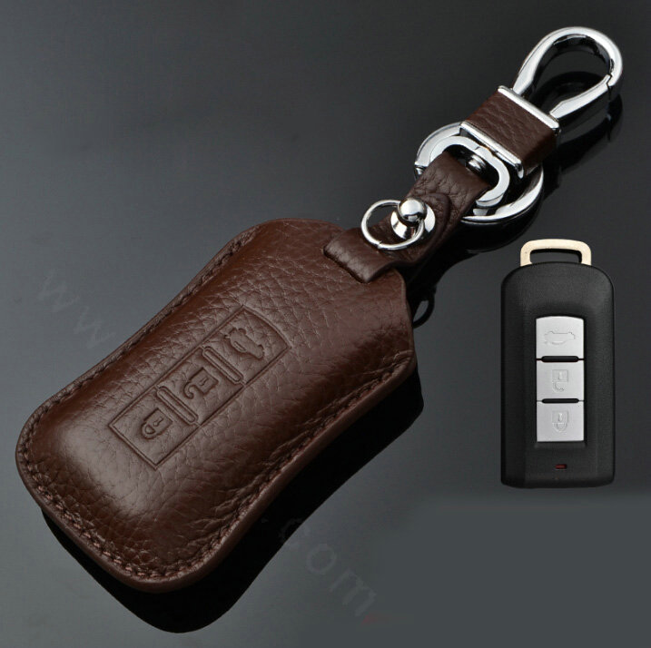 Simple Genuine Leather Auto Key Bags Smart for Mitsubishi Pajero Sport - Brown