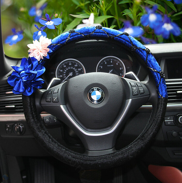 Blue Camellia Car Steering Wheel Covers Velvet 15 Inch 38CM - Black