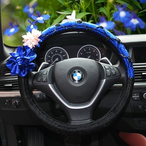 Blue Camellia Car Steering Wheel Covers Velvet 15 Inch 38CM - Black