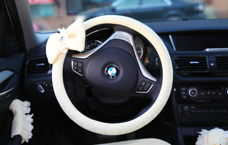 Bowknot Car Steering Wheel Cover Bud Silk Fiber Cloth 15 Inch 38CM - Beige
