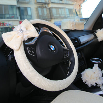 Bowknot Car Steering Wheel Cover Bud Silk Fiber Cloth 15 Inch 38CM - Beige
