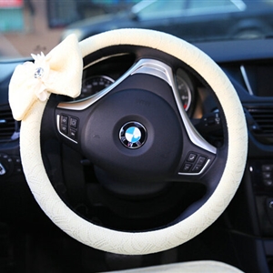 Bowknot Car Steering Wheel Cover Bud Silk Fiber Cloth 15 Inch 38CM - Beige