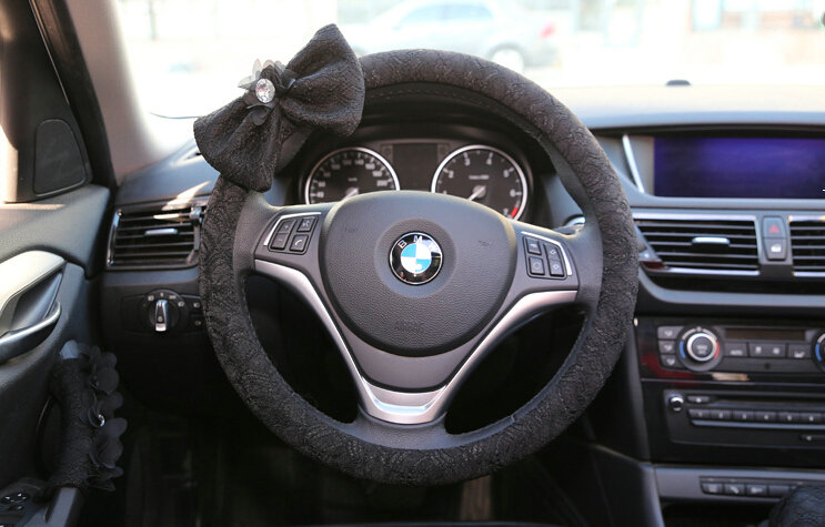 Bowknot Car Steering Wheel Cover Bud Silk Fiber Cloth 15 Inch 38CM - Black