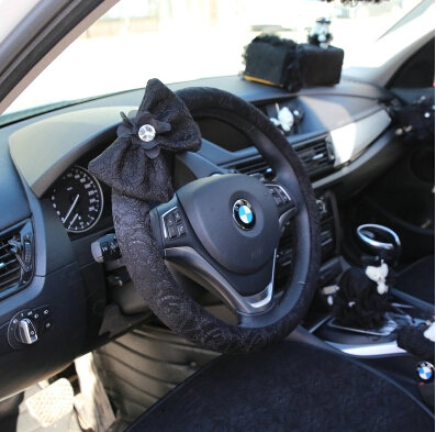 Bowknot Car Steering Wheel Cover Bud Silk Fiber Cloth 15 Inch 38CM - Black