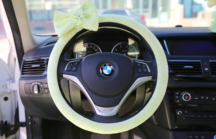 Bowknot Car Steering Wheel Cover Bud Silk Fiber Cloth 15 Inch 38CM - Green