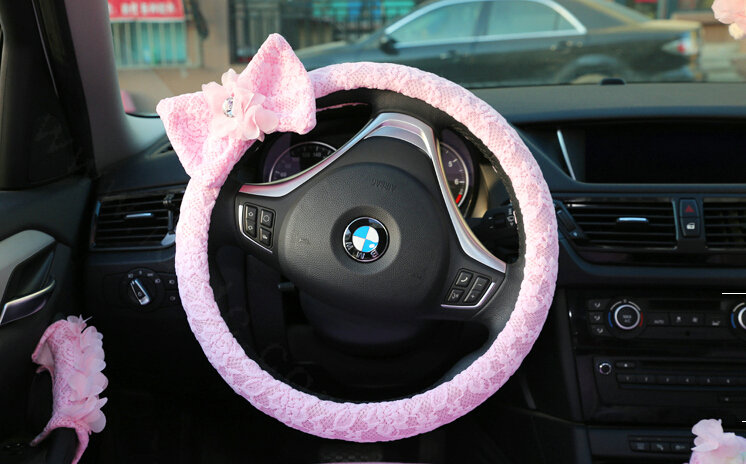 Bowknot Car Steering Wheel Cover Bud Silk Fiber Cloth 15 Inch 38CM - Pink