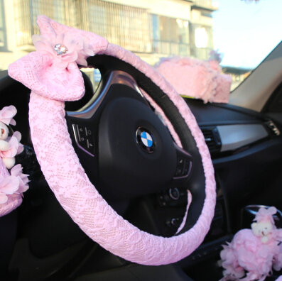 Bowknot Car Steering Wheel Cover Bud Silk Fiber Cloth 15 Inch 38CM - Pink