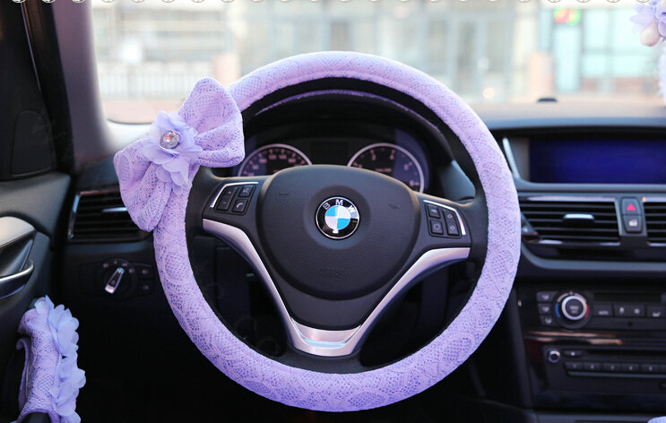Bowknot Car Steering Wheel Cover Bud Silk Fiber Cloth 15 Inch 38CM - Purple