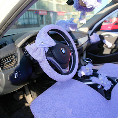 Bowknot Car Steering Wheel Cover Bud Silk Fiber Cloth 15 Inch 38CM - Purple