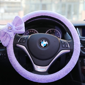 Bowknot Car Steering Wheel Cover Bud Silk Fiber Cloth 15 Inch 38CM - Purple
