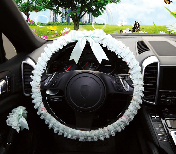 Bowknot Car Steering Wheel Cover Bud Silk Lace Fiber Cloth 15 Inch 38CM - Green