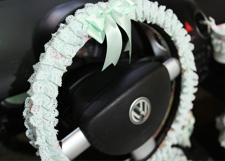 Bowknot Car Steering Wheel Cover Bud Silk Lace Fiber Cloth 15 Inch 38CM - Green