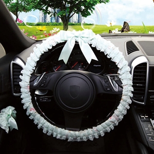 Bowknot Car Steering Wheel Cover Bud Silk Lace Fiber Cloth 15 Inch 38CM - Green