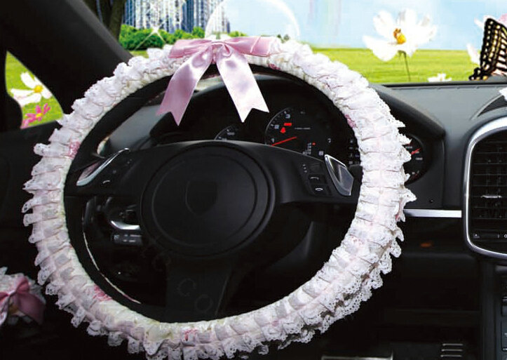 Bowknot Car Steering Wheel Cover Bud Silk Lace Fiber Cloth 15 Inch 38CM - Pink