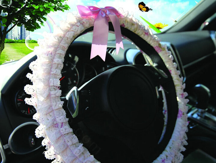 Bowknot Car Steering Wheel Cover Bud Silk Lace Fiber Cloth 15 Inch 38CM - Pink