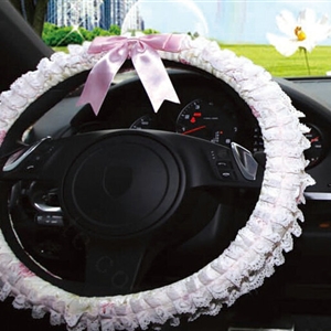 Bowknot Car Steering Wheel Cover Bud Silk Lace Fiber Cloth 15 Inch 38CM - Pink