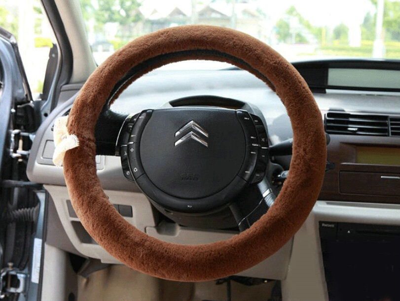 Bud Silk Bowknot Car Steering Wheel Cover Velvet 15 Inch 38CM - Brown