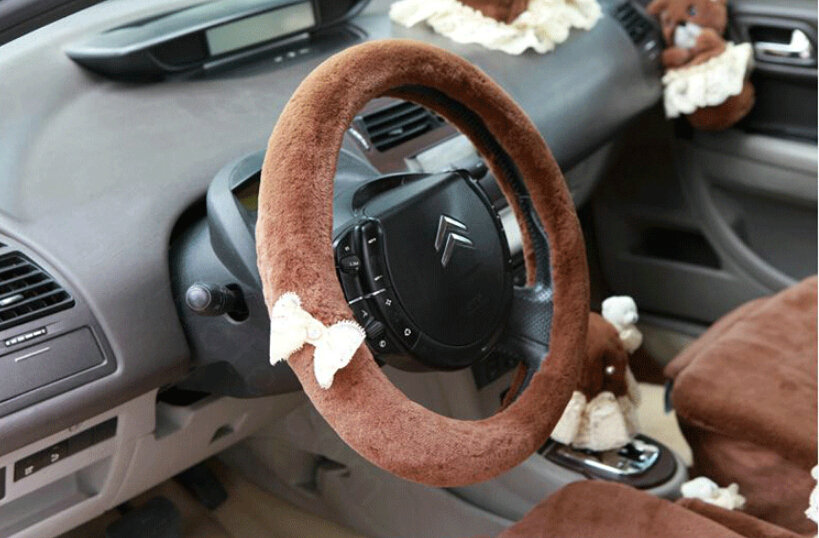 Bud Silk Bowknot Car Steering Wheel Cover Velvet 15 Inch 38CM - Brown